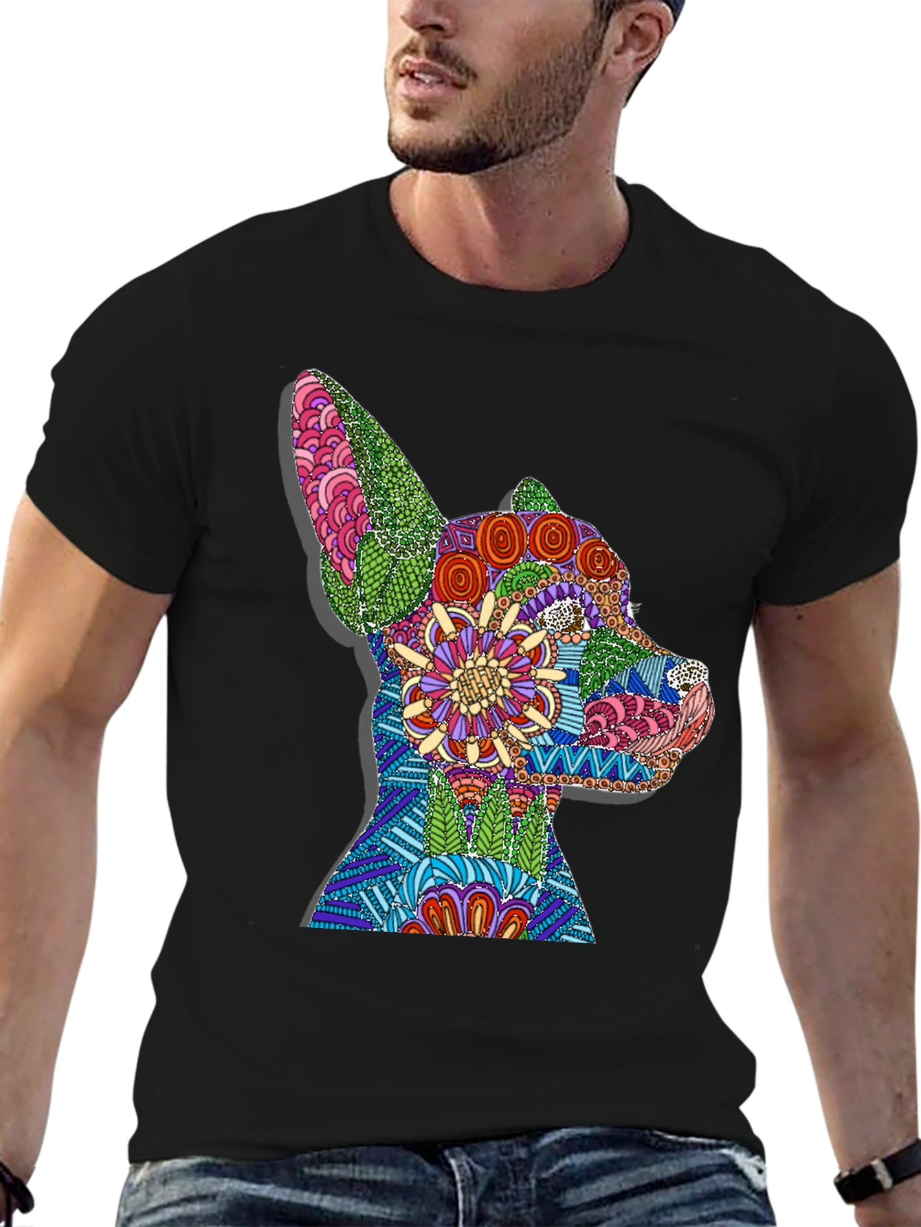 Black Dog Mandala Graphic Print T-Shirt - Black view 6