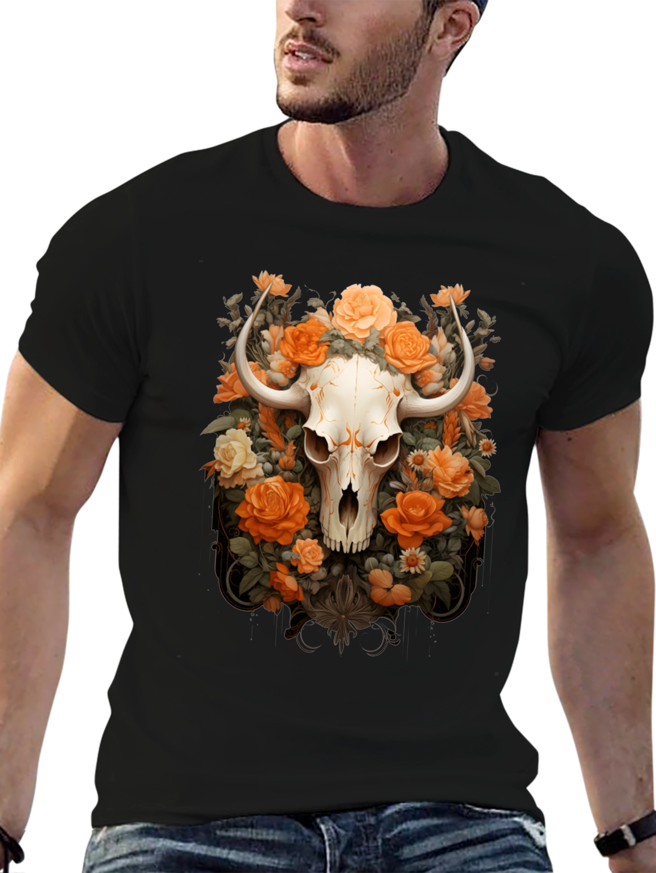 Black Floral Skull Graphic Tee - Unique Design view 6