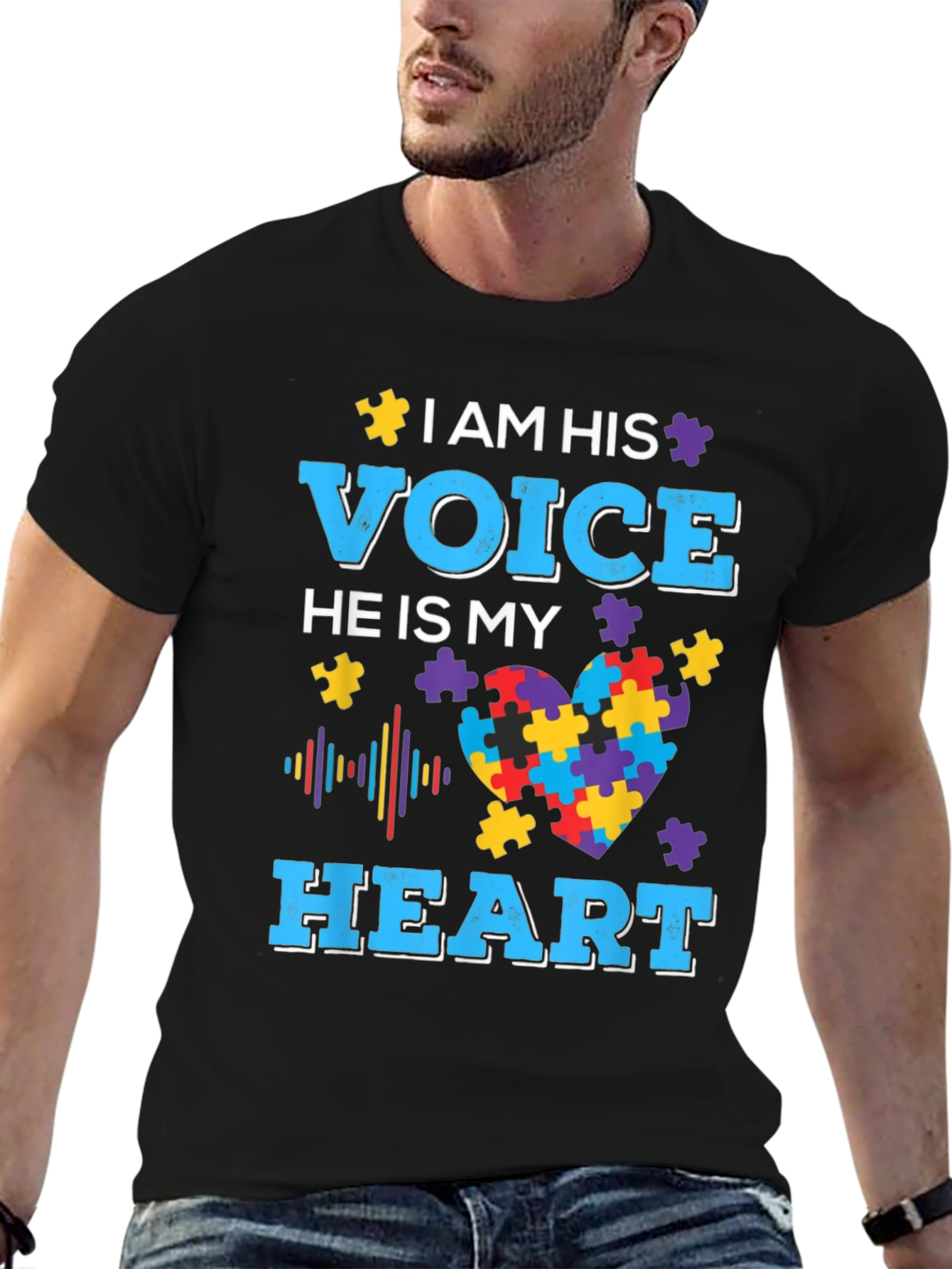 Black Autism Awareness T-Shirt - I am his Voice view 6