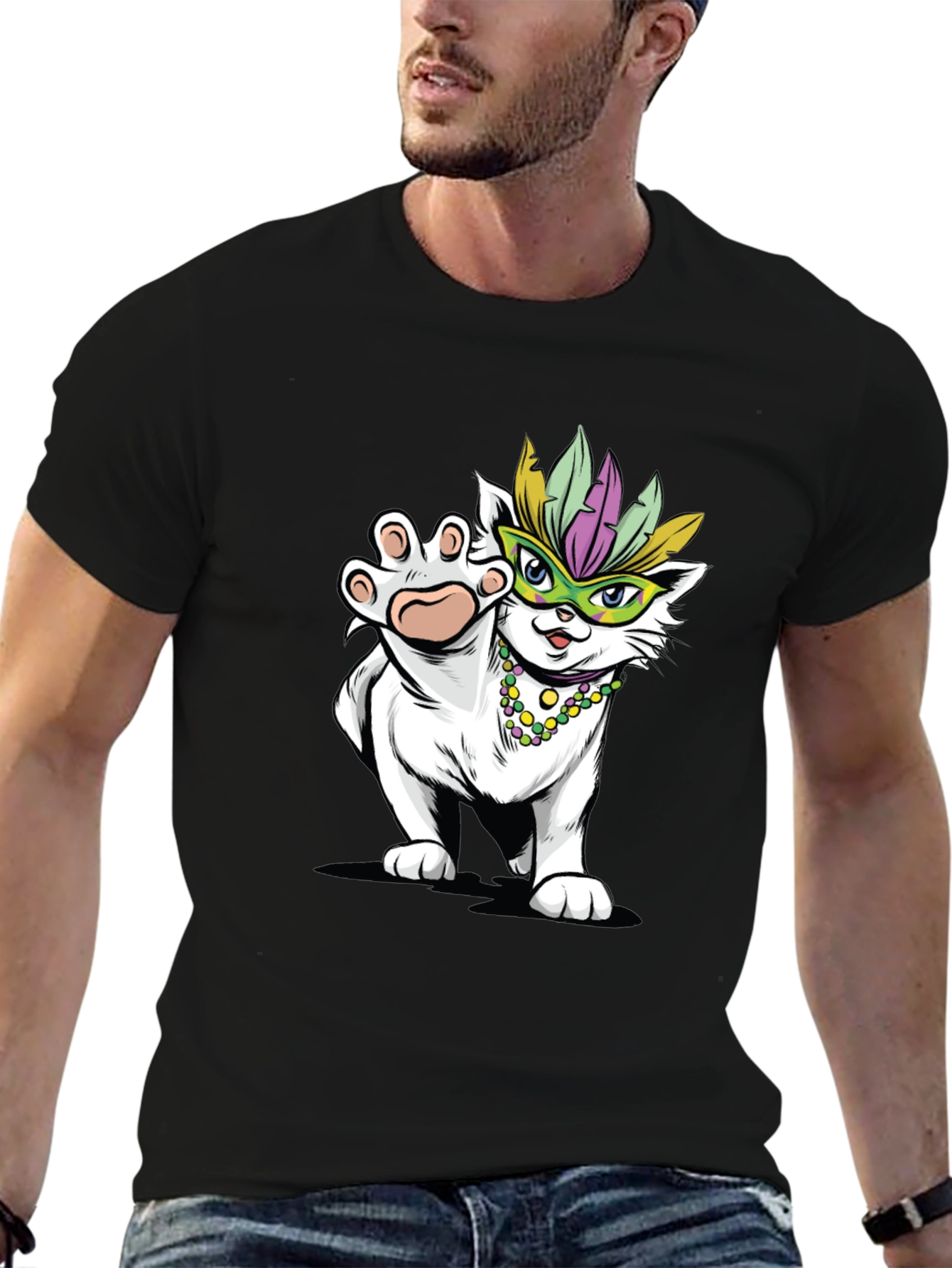 Black Mardi Gras Cat T-Shirt - Festive Party Wear view 6