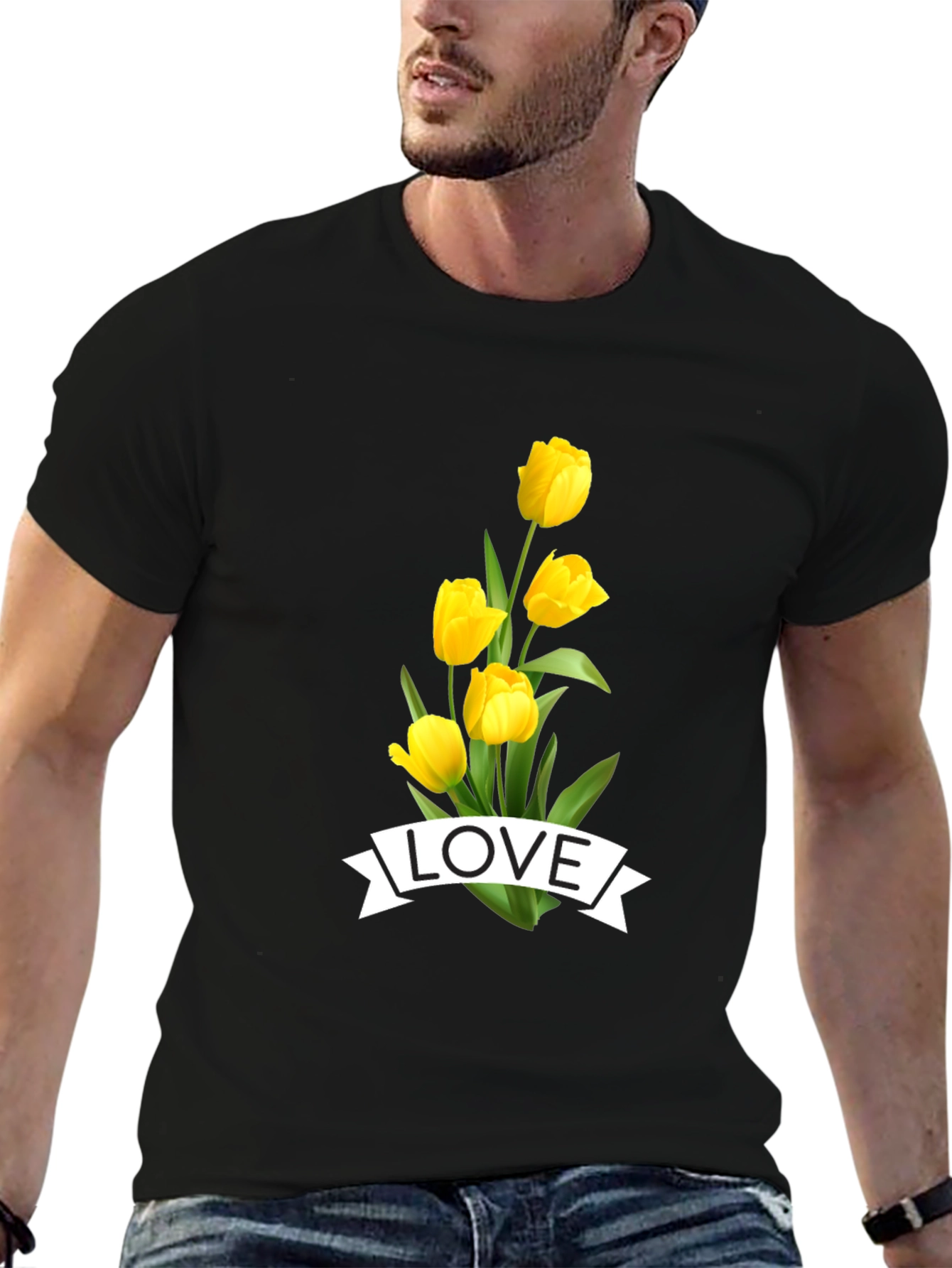 Black Love Tulips Graphic Tee - Black Cotton T-Shirt view 6