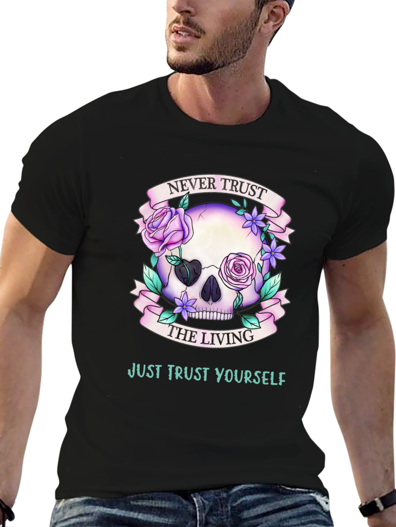 Black Never Trust the Living Skull Graphic T-Shirt view 6