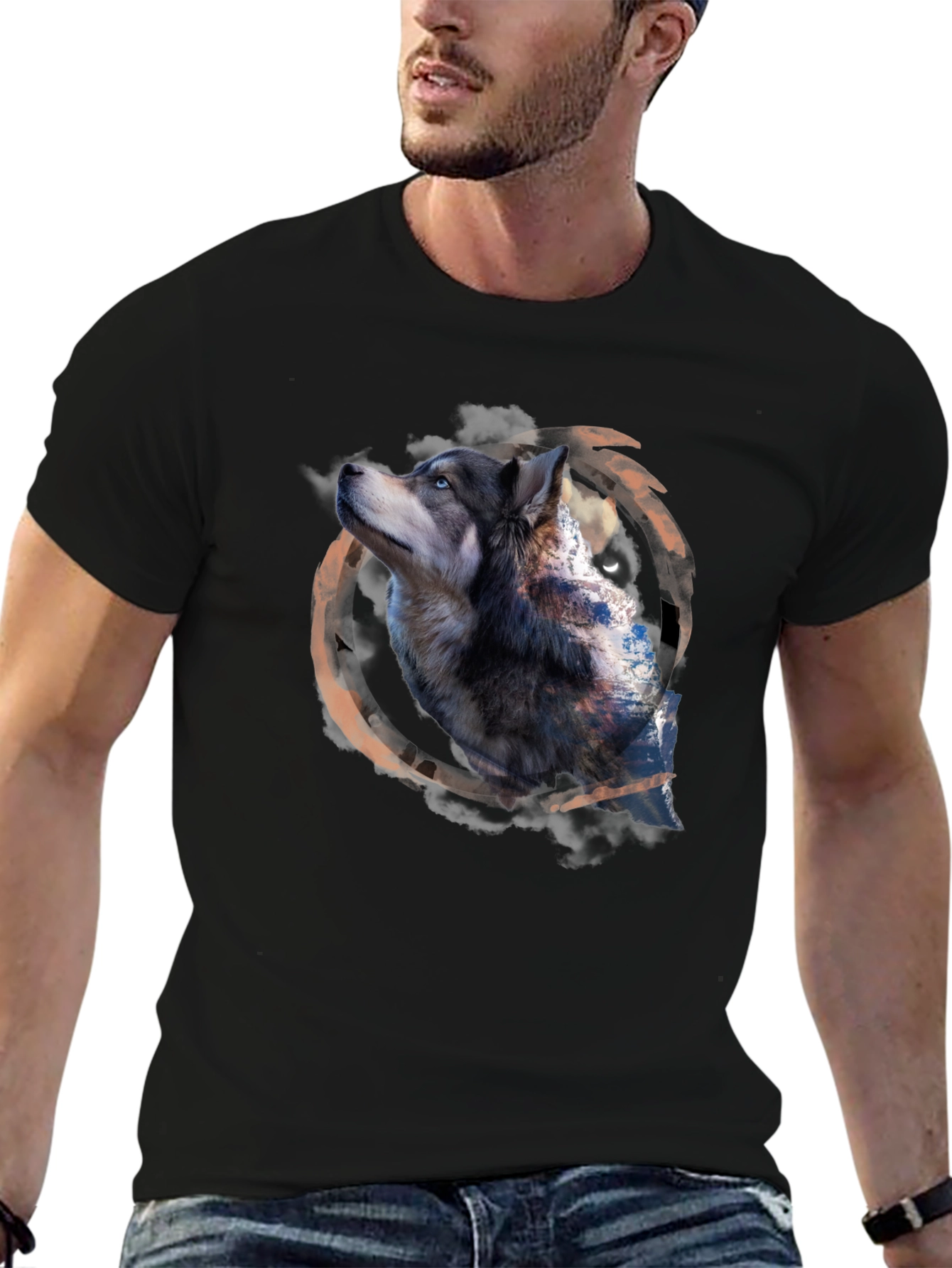 Black Wolf Graphic Print Black T-Shirt view 6