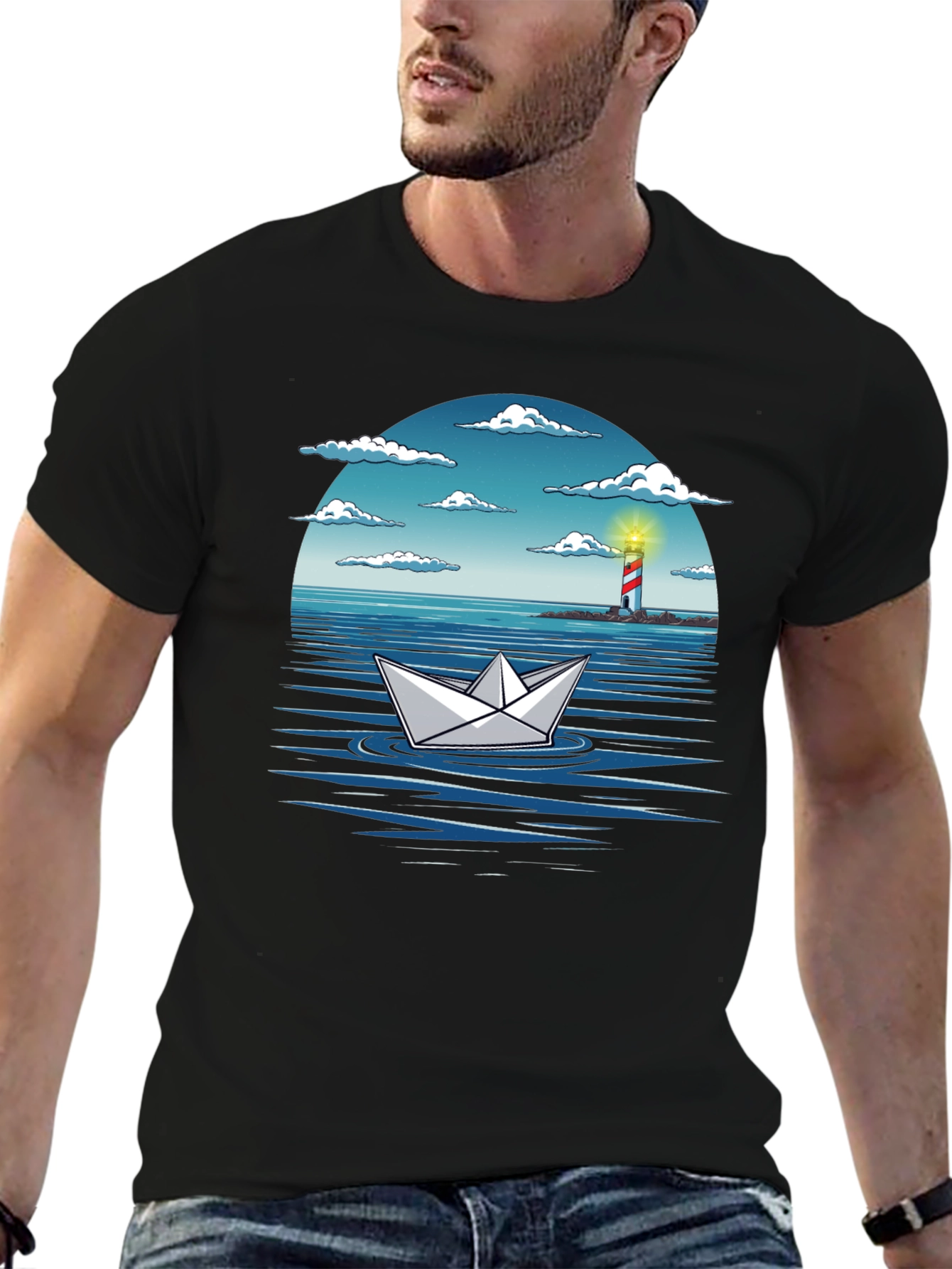 Black Paper Boat Lighthouse Graphic Tee - Nautical Adventure Shirt view 6