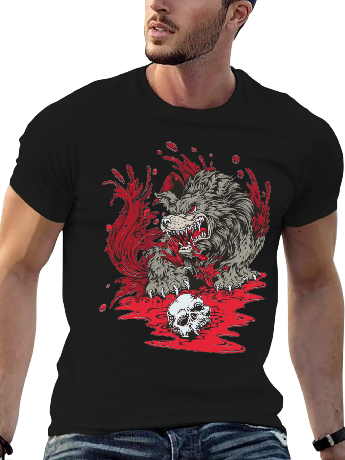 Black Wolf Skull Graphic Print Tee view 6