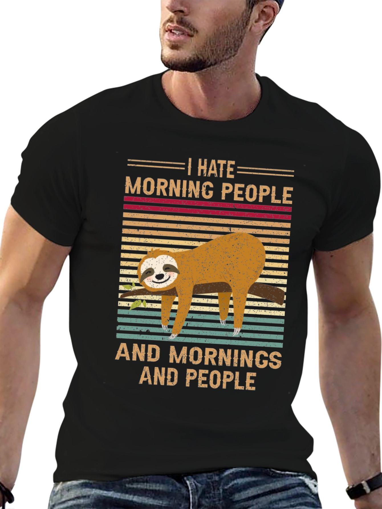 Black I Hate Morning People Sloth T-Shirt view 6