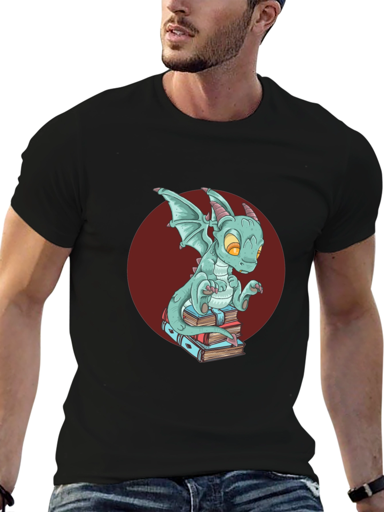 Black Dragon on Books T-Shirt - Black Graphic Tee view 6