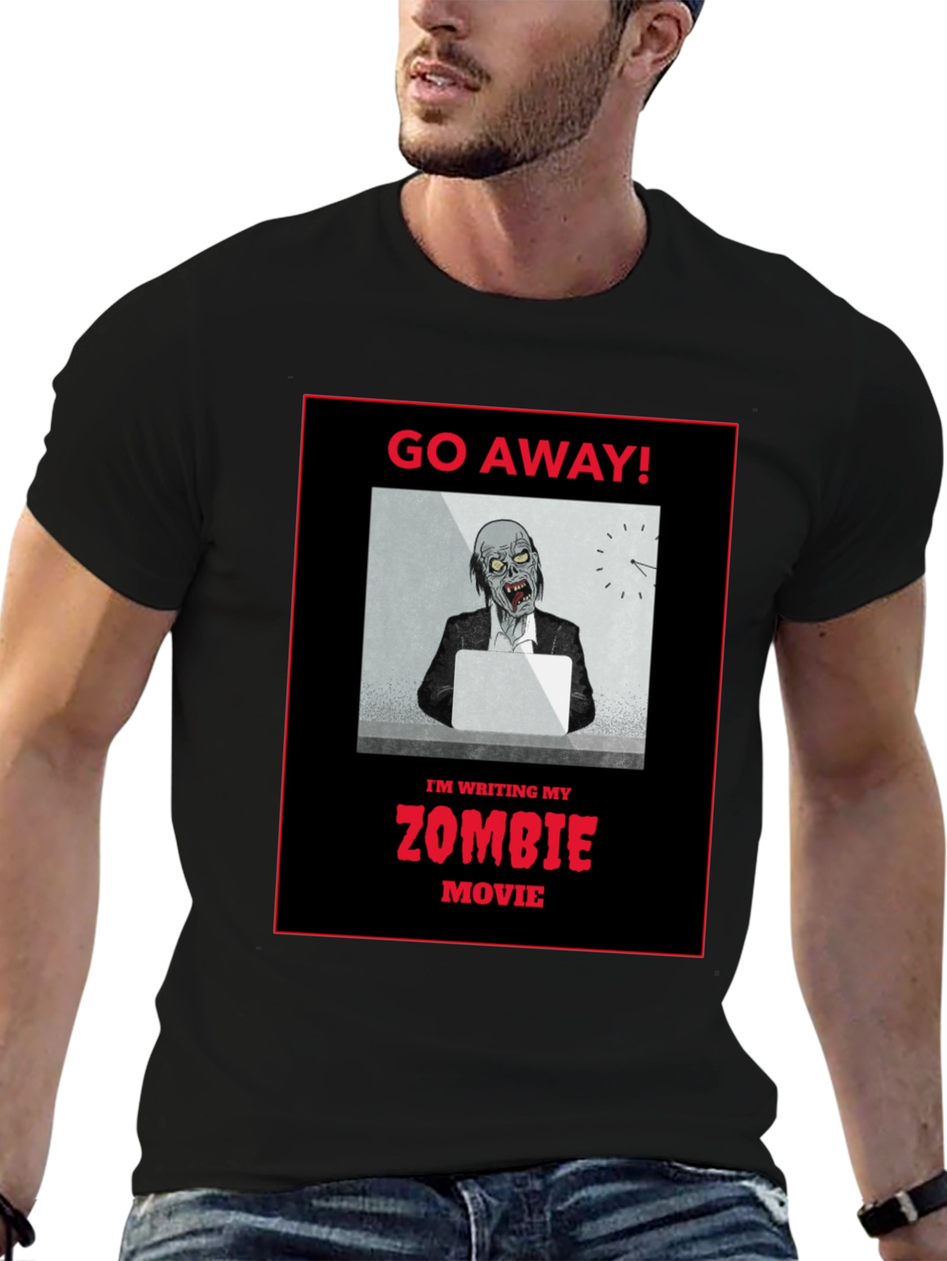 Black Zombie Movie Writer T-Shirt - Go Away! view 6