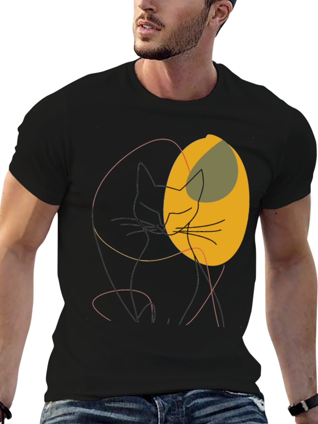 Black Abstract Cat Graphic Tee - Modern Minimalist Design view 6
