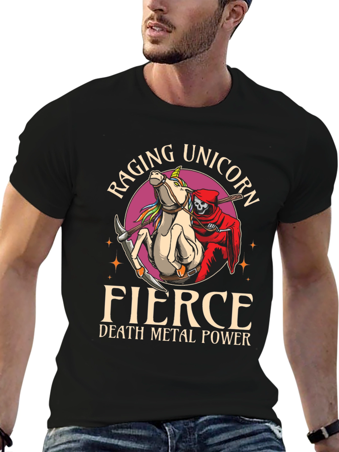 Black Raging Unicorn Fierce Death Metal Power Graphic T-Shirt view 6