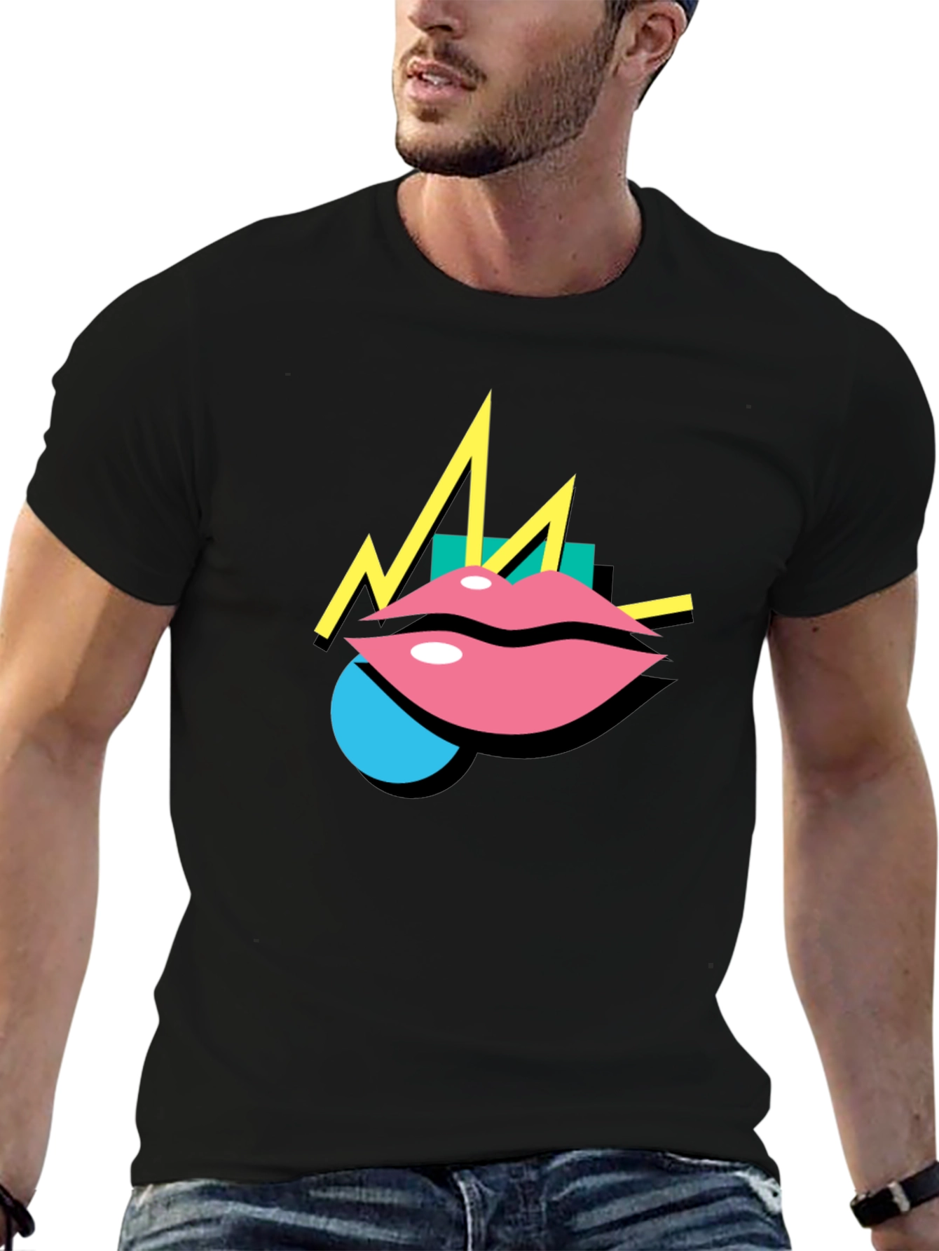Black Retro Lips Graphic Black T-Shirt view 6