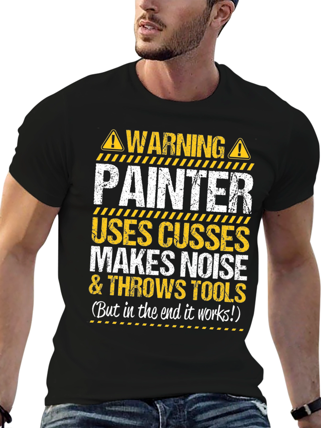 Black Warning Painter T-Shirt: Uses Cusses and Throws Tools view 6