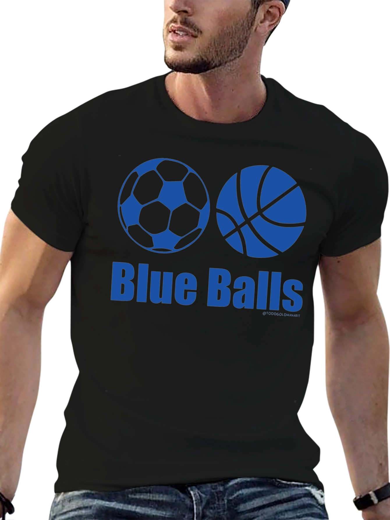 Black Blue Balls Graphic T-Shirt - Soccer & Basketball Design view 6