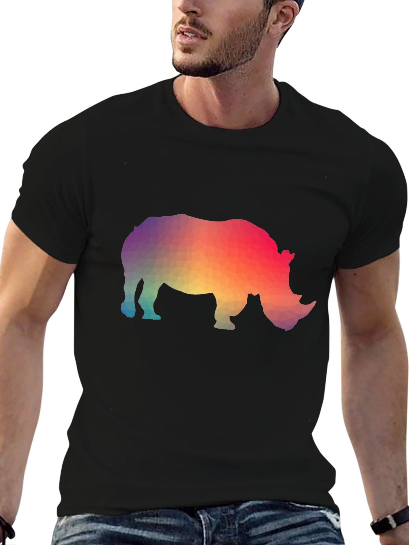 Black Geometric Rhino Graphic T-Shirt - Trendy Animal Tee view 6