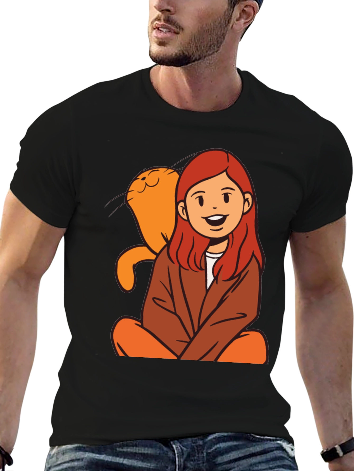 Black Cartoon Girl & Cat Graphic Black T-Shirt view 6