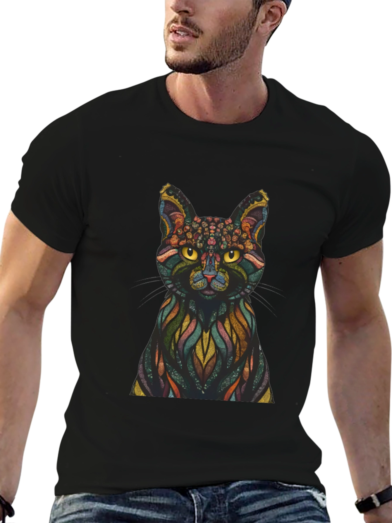 Black Abstract Cat Graphic Print T-Shirt view 6