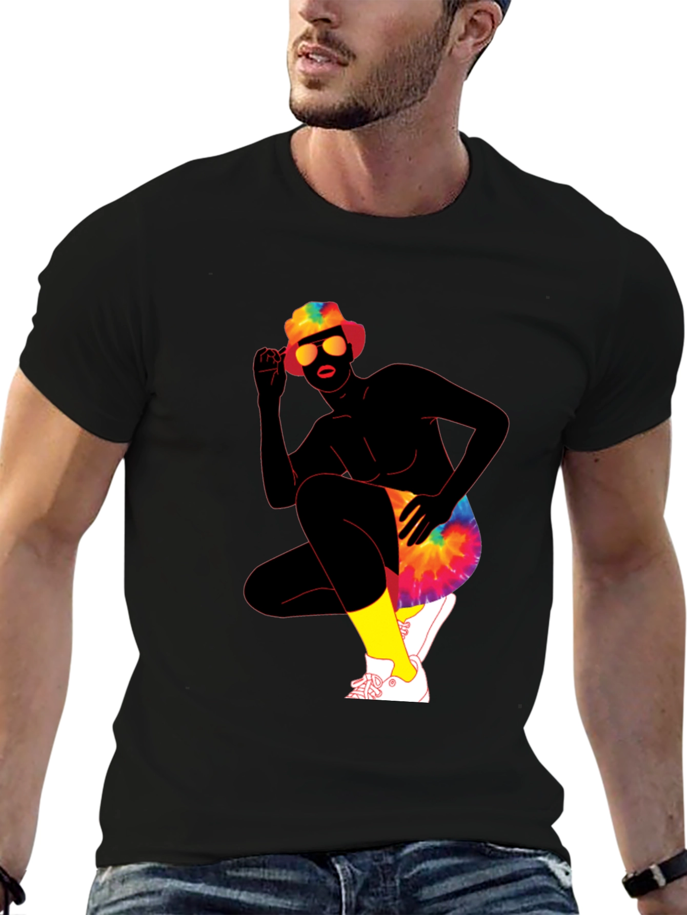 Black Retro Tie-Dye Graphic Print Crew Neck Tee view 6