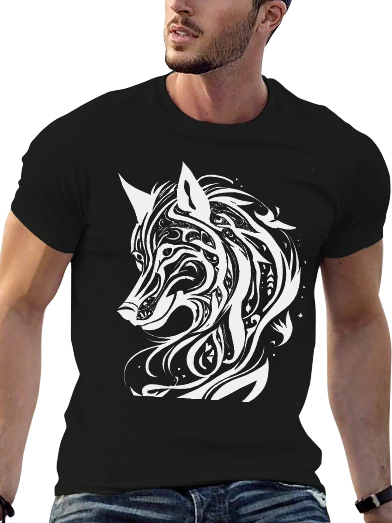 Black Tribal Wolf Graphic Tee - Black view 6