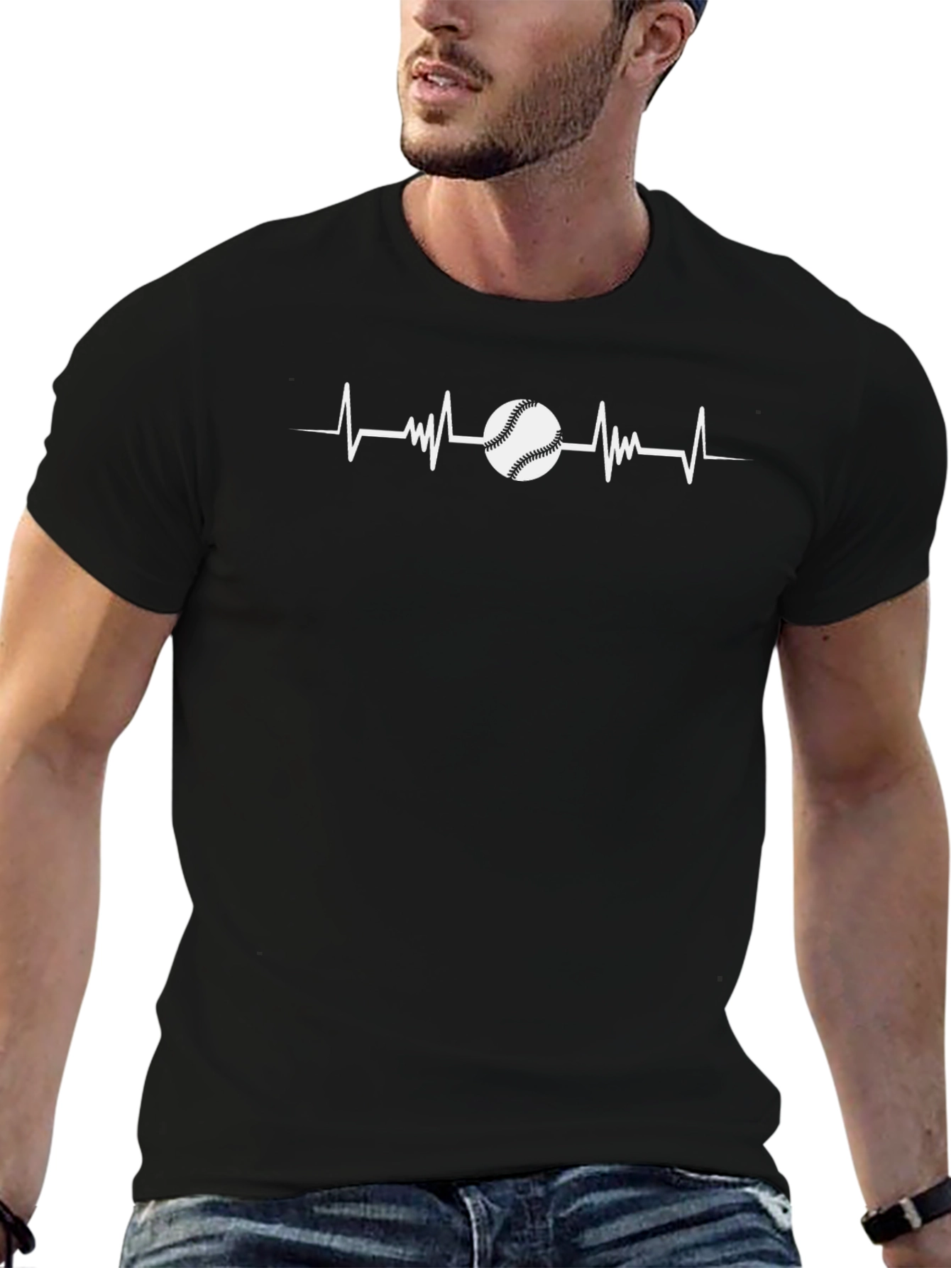 Black Baseball Heartbeat T-Shirt view 6