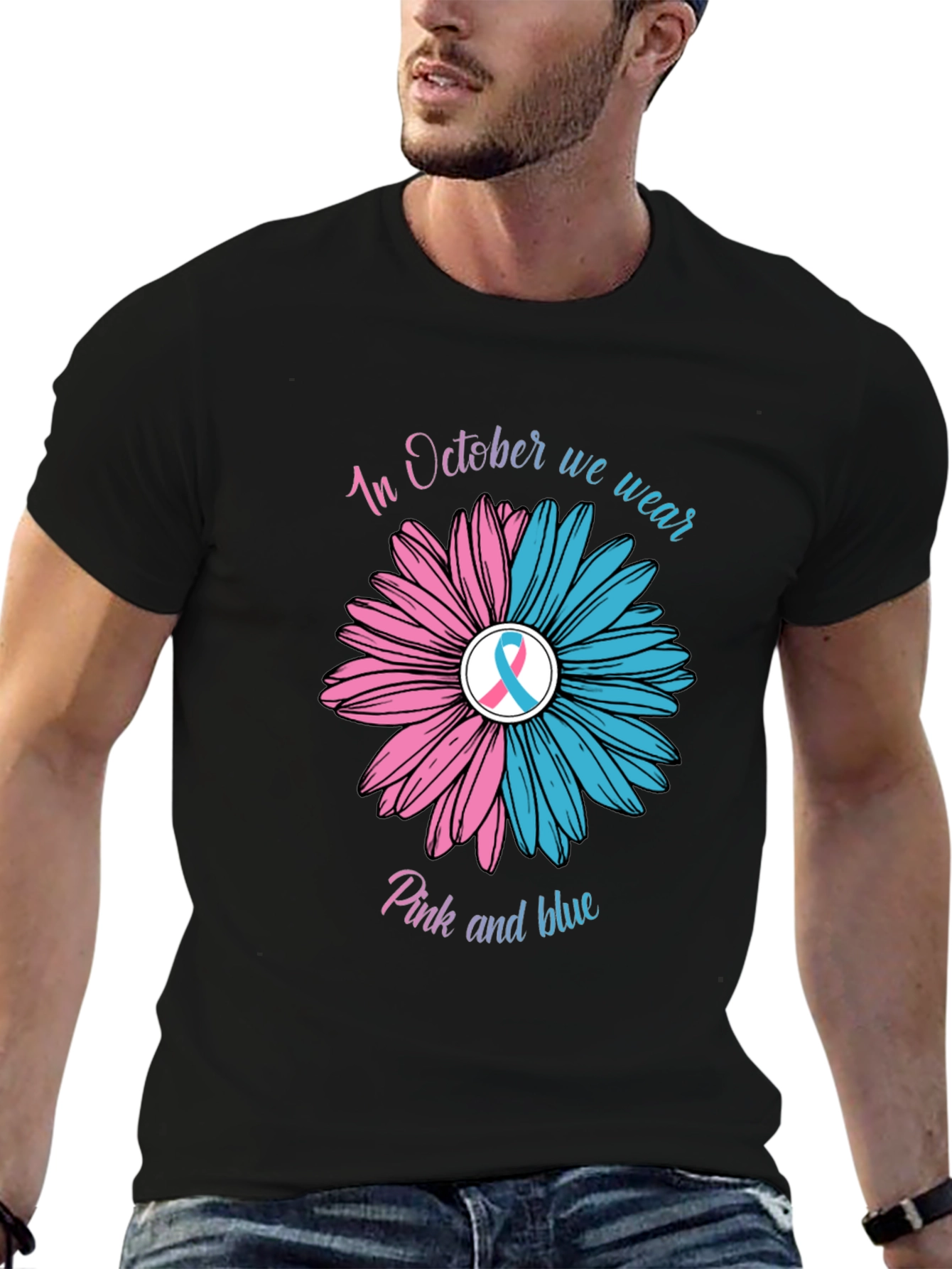 Black October Pink and Blue Awareness T-Shirt view 6