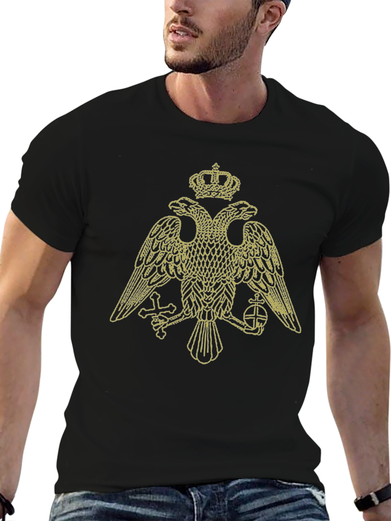 Black Embroidered Double-Headed Eagle Graphic T-Shirt view 6