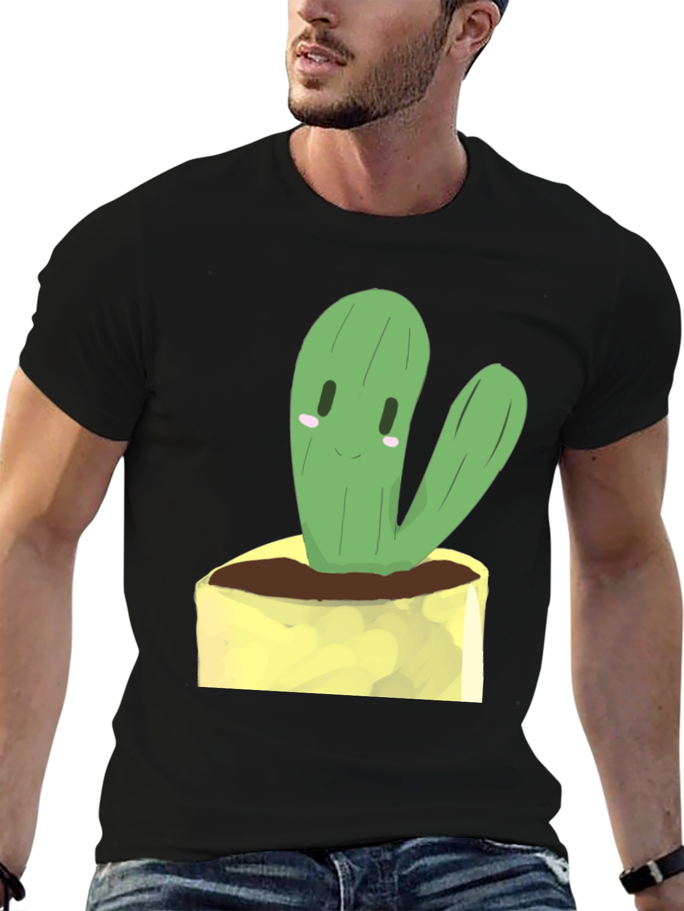 Black Cute Cactus Graphic Tee - Black Cotton T-Shirt view 6
