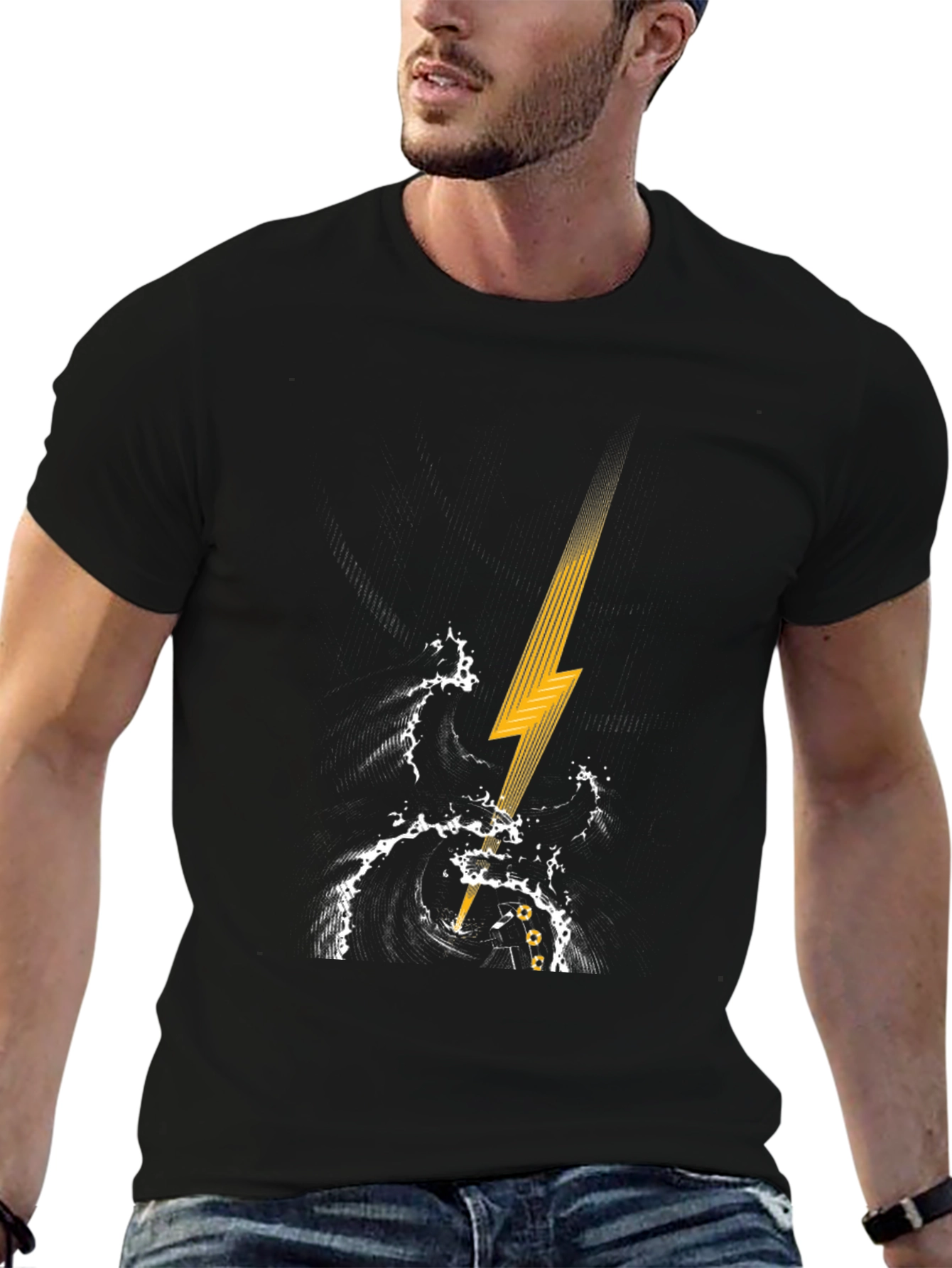 Black Black T-Shirt with Lightning Strike Graphic view 6