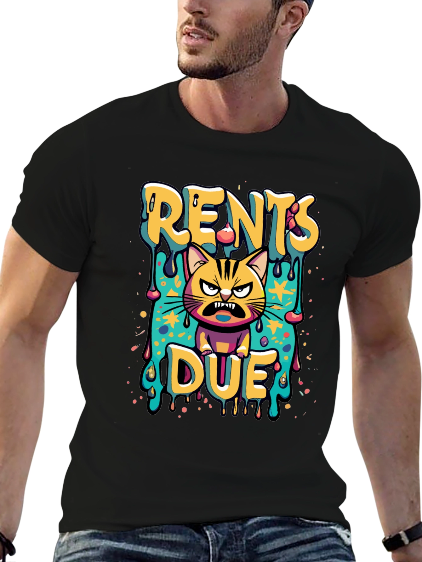 Black Rents Due Angry Cat Graphic Black T-Shirt view 6