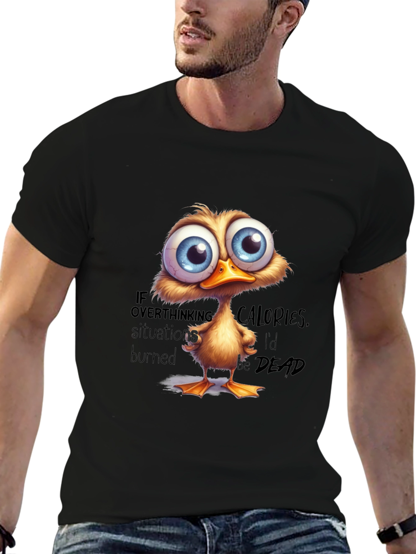 Black Funny Duck T-Shirt: If Overthinking Burned Calories view 6