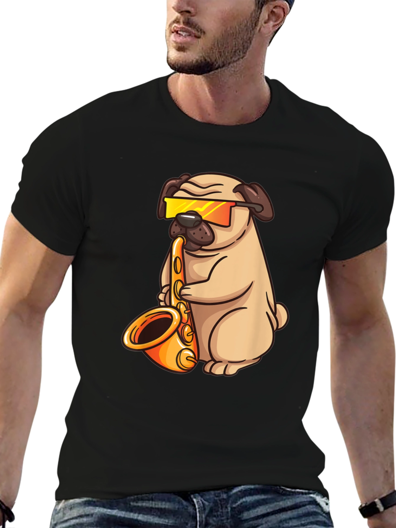 Black Saxophone Pug T-Shirt - Cool Dog Graphic Tee view 6