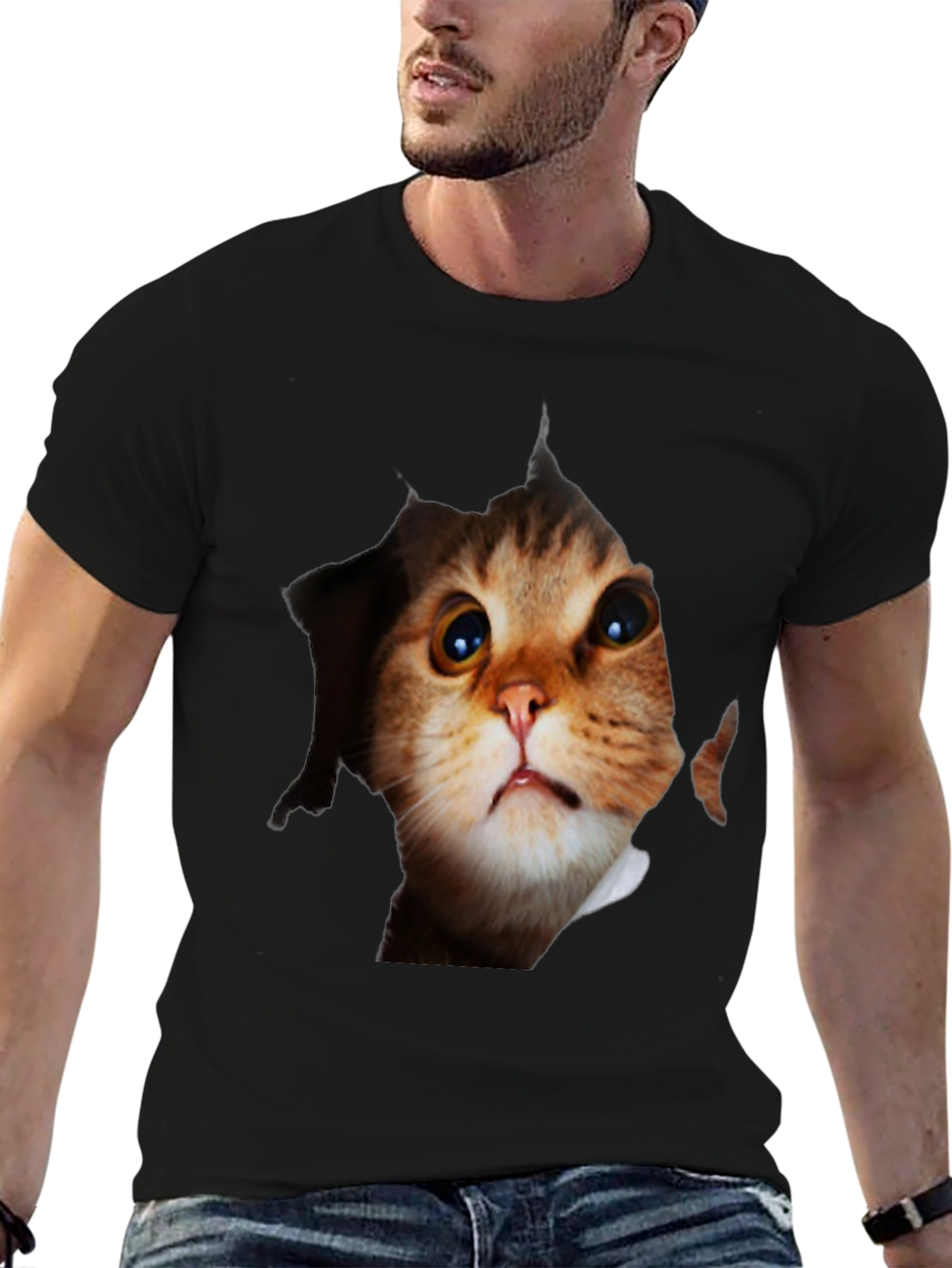 Black 3D Cat Peeking Out Black T-Shirt view 6