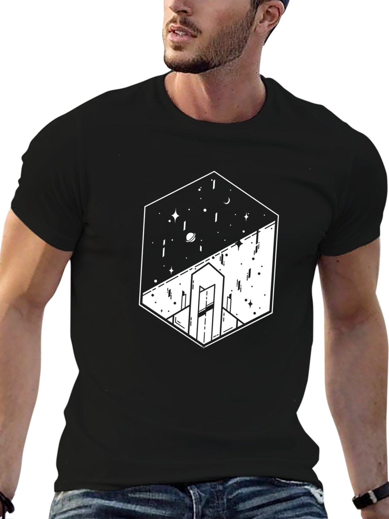 Black Geometric Space & Cityscape Black Graphic Tee view 6