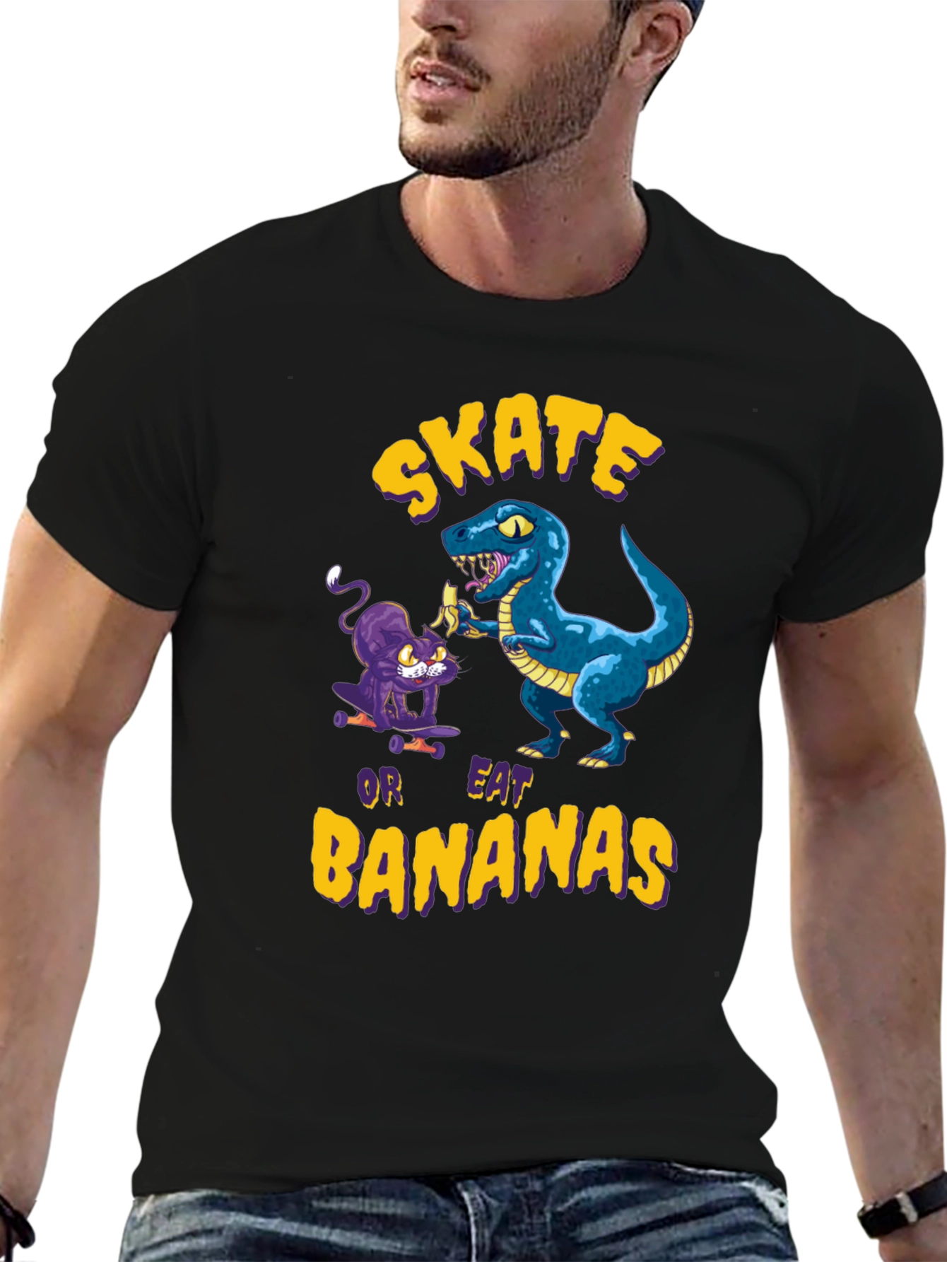 Black Skate or Eat Bananas Graphic Tee - Quirky Novelty T-Shirt view 6