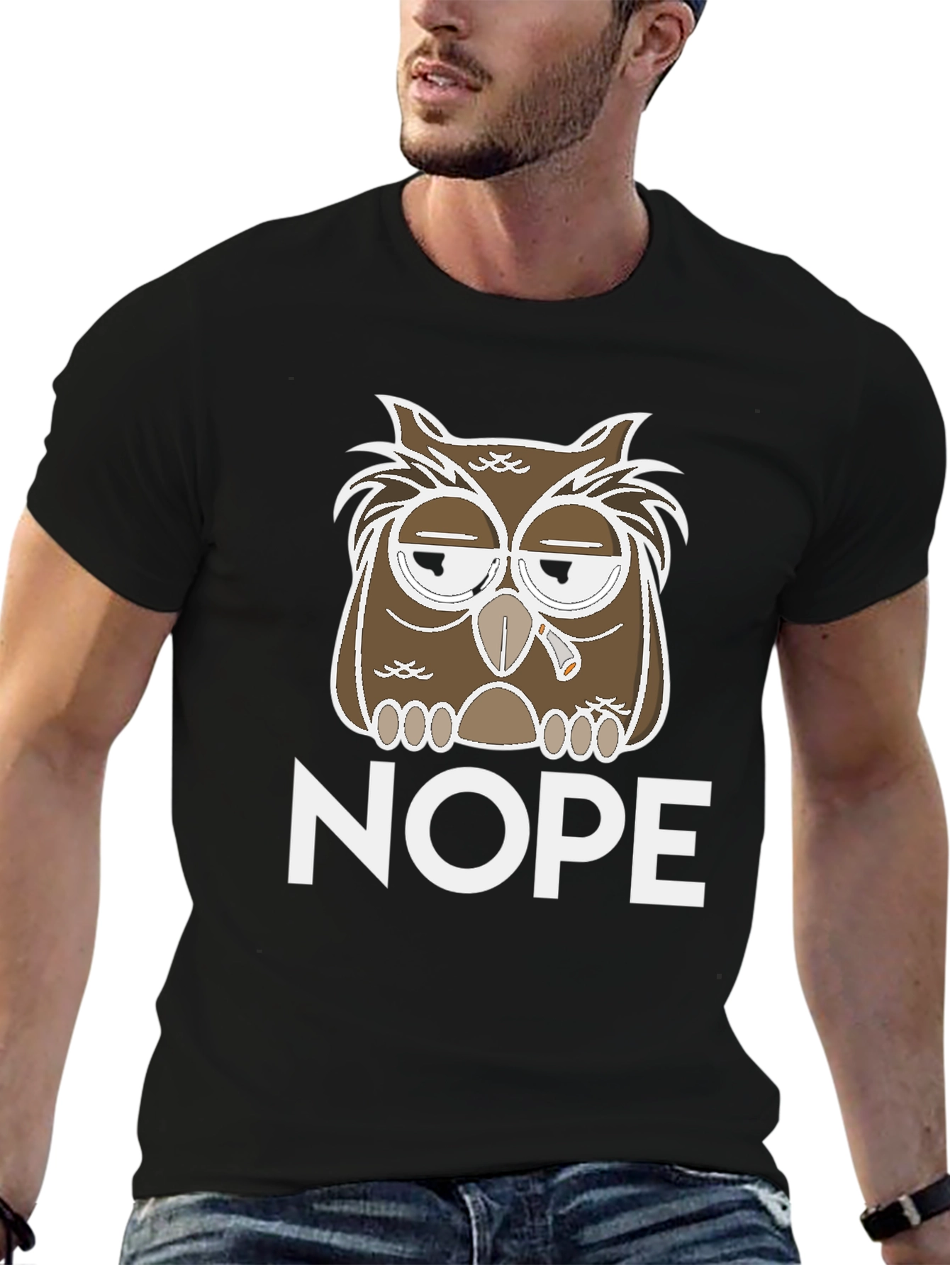 Black Nope Owl Graphic Tee - Funny Casual T-Shirt view 6