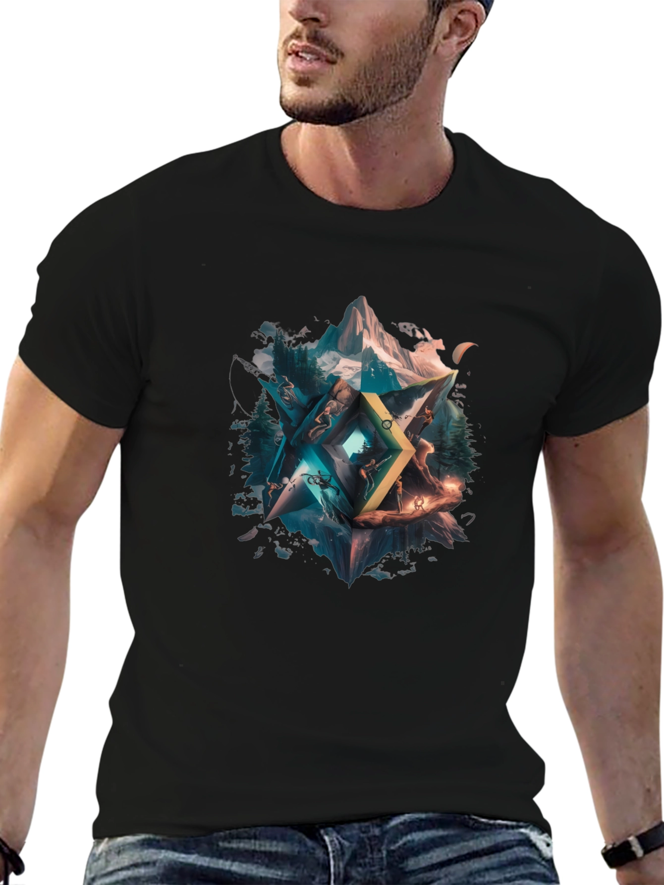 Black Geometric Nature T-Shirt - Unisex Design view 6