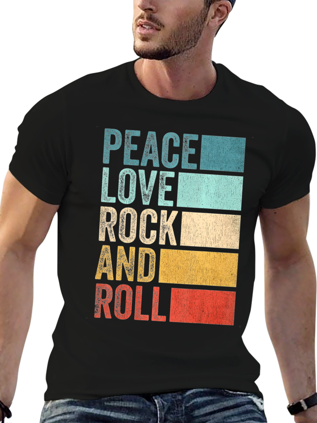 Black Retro Peace Love Rock & Roll Graphic T-Shirt view 6
