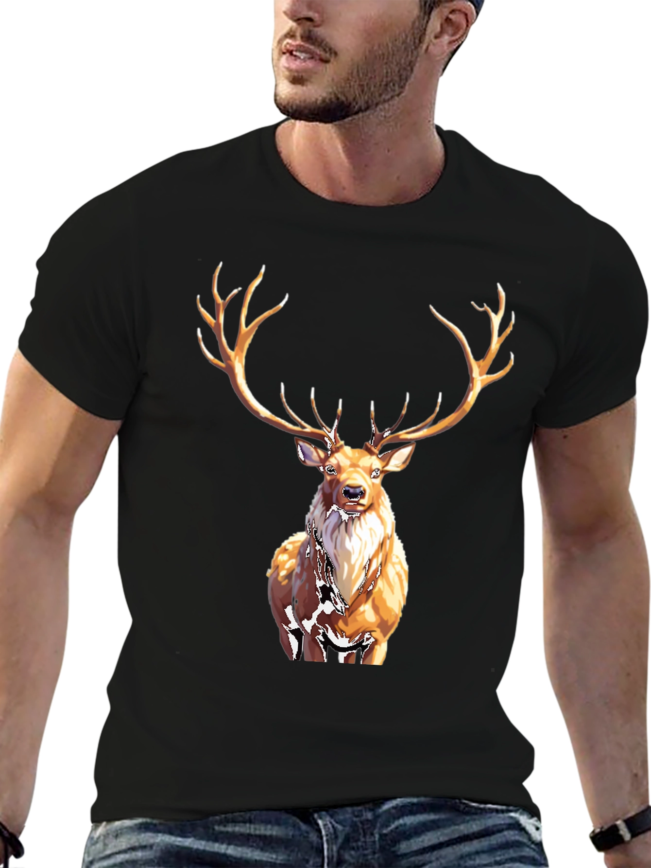 Black Majestic Deer Graphic Tee - Black Cotton T-Shirt view 6
