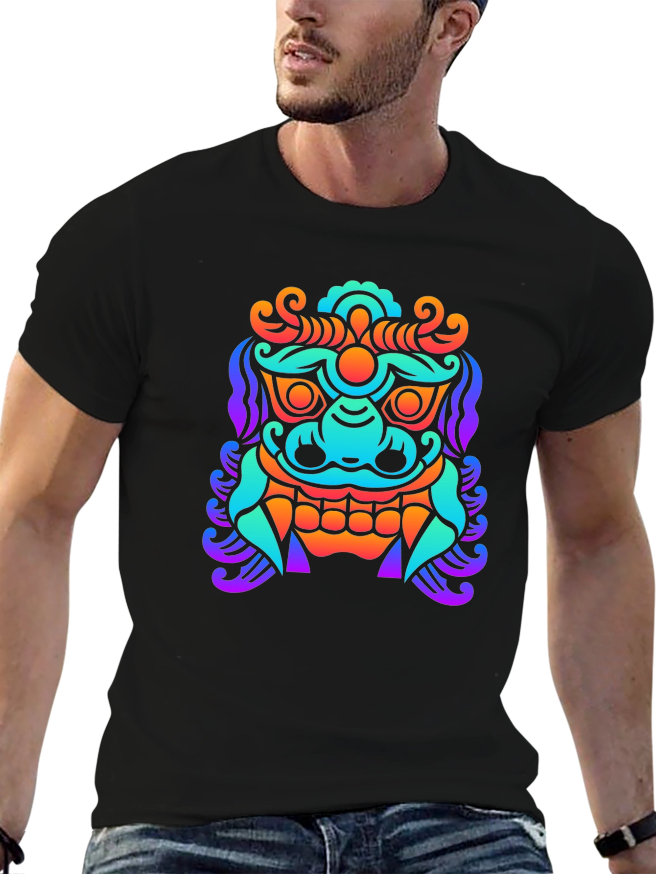 Black Colorful Graphic Tee - Asian Dragon Print view 6