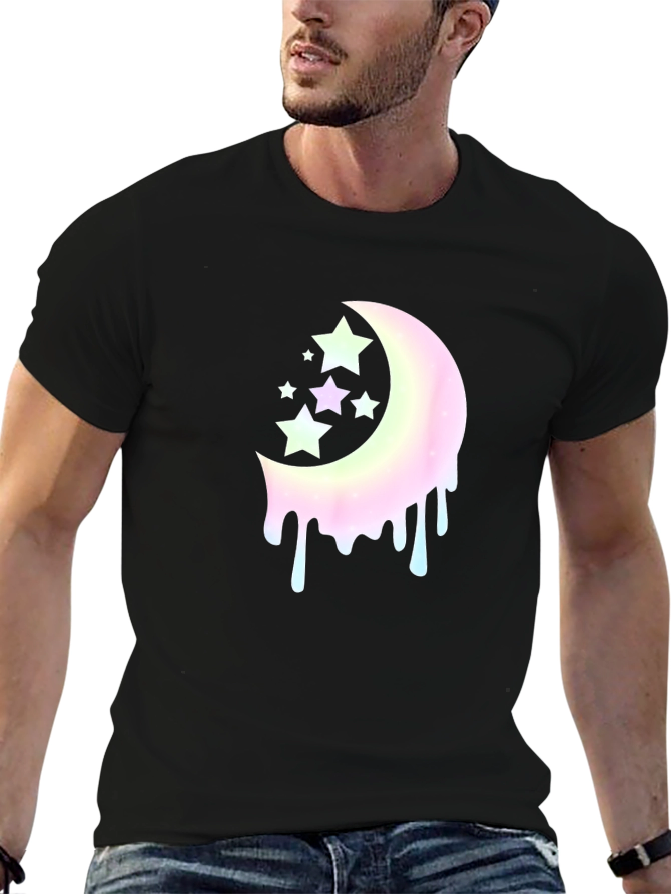 Black Moon Stars Drip Graphic Tee - Black Cotton Blend T-Shirt view 6