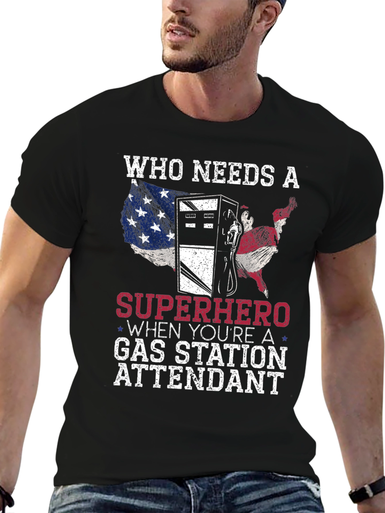 Black Gas Station Attendant Superhero Graphic T-Shirt view 6
