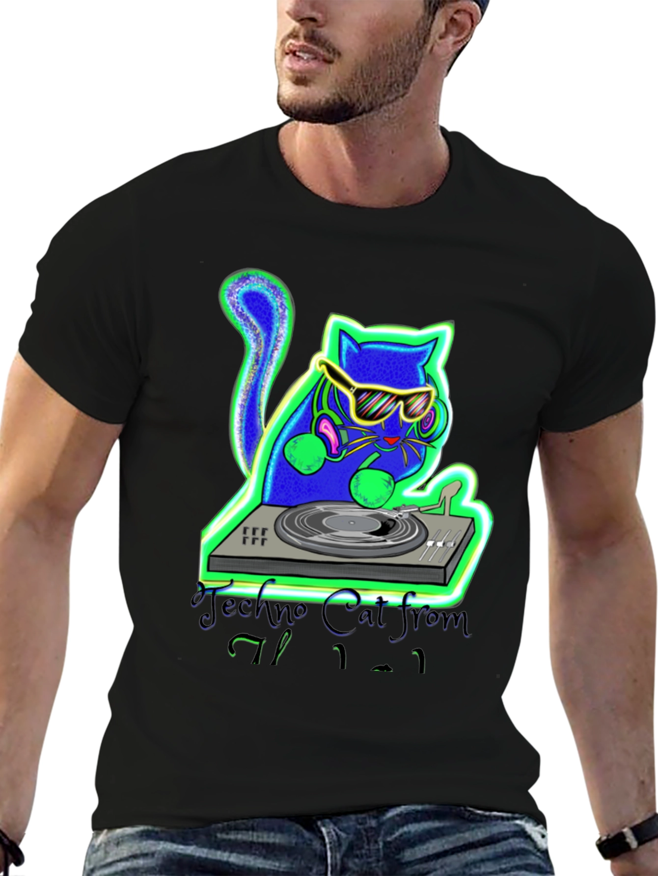 Black Techno Cat DJ Graphic T-Shirt view 6
