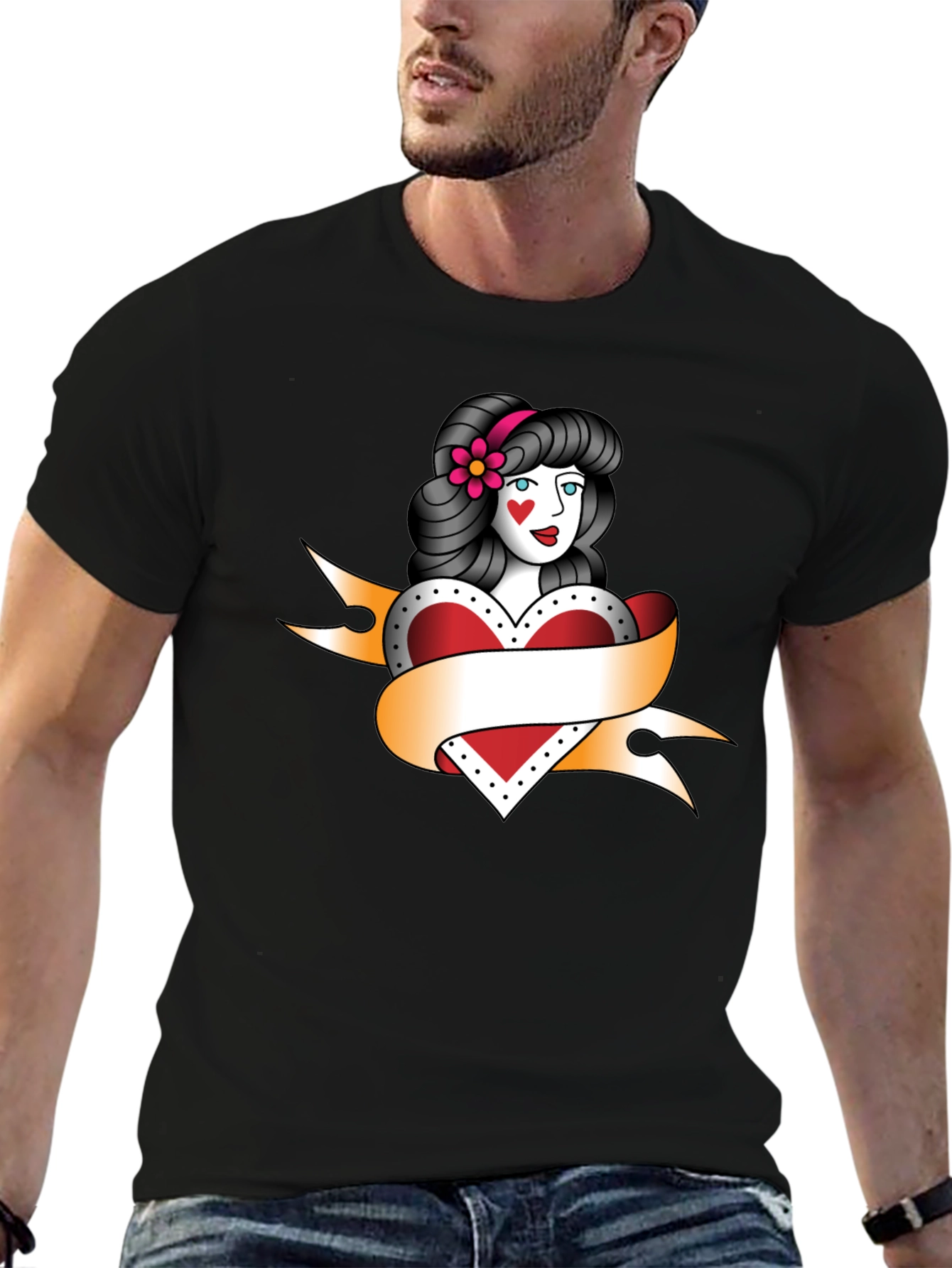 Black Vintage Tattoo Style Heart Woman Black T-Shirt view 6