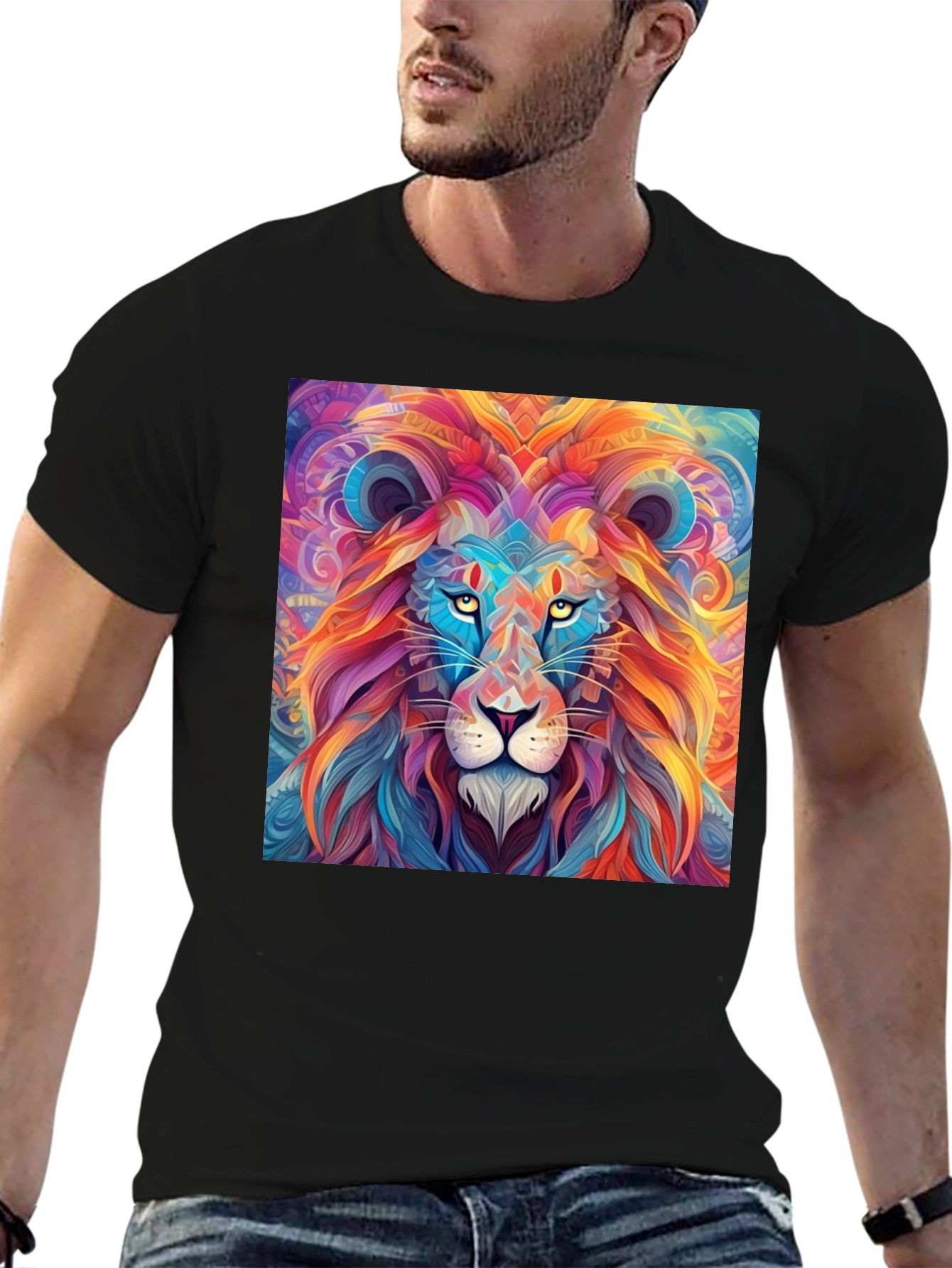 Black Vibrant Lion Graphic Print Black T-Shirt view 6