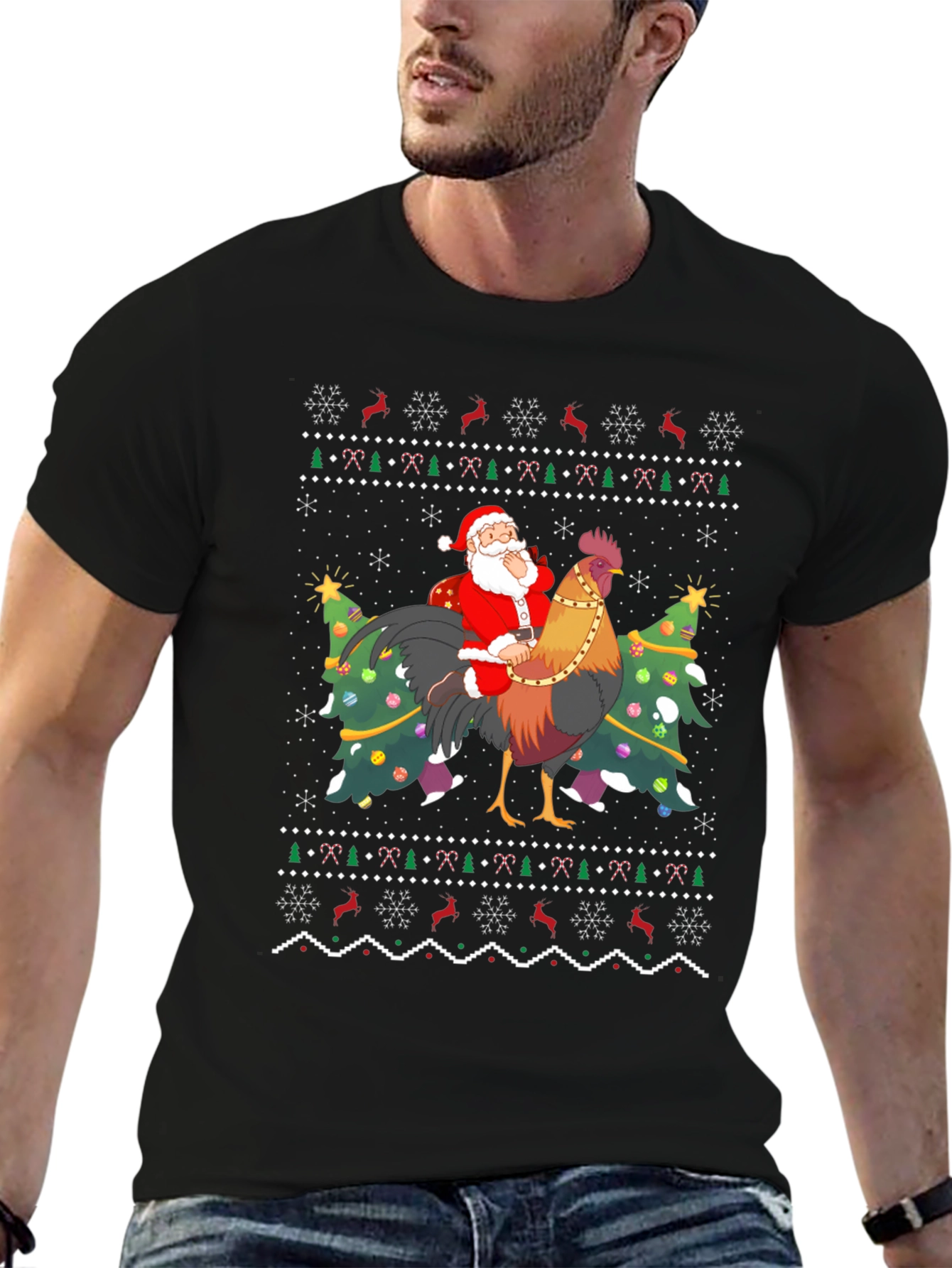 Santa Riding Rooster Ugly Christmas T-Shirt - 6