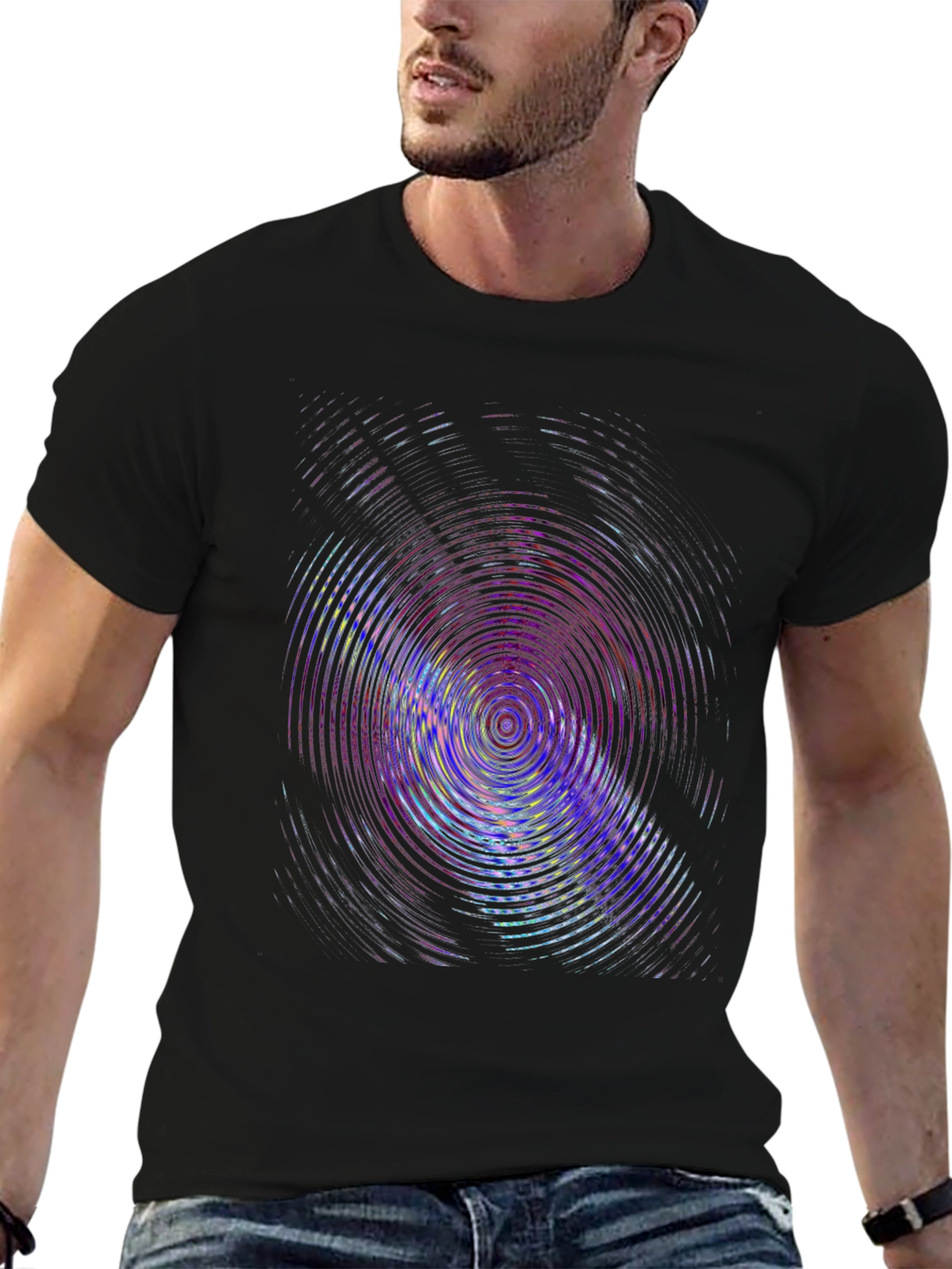 Black Vibrant Ripple Effect Black T-Shirt view 6