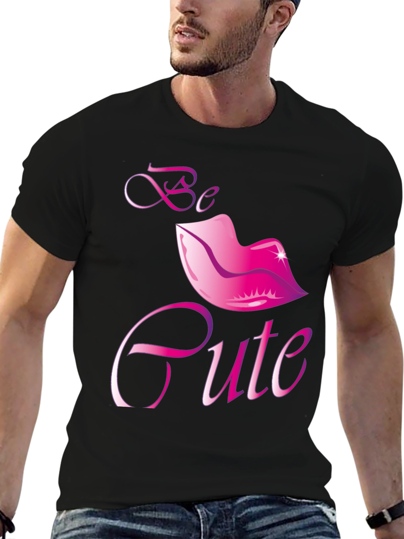 Black Be Cute Lips Graphic Black T-Shirt view 6