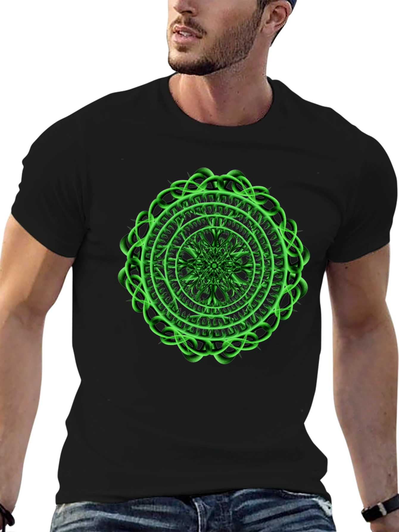 Black Men's Black T-Shirt with Green Mandala Design view 6