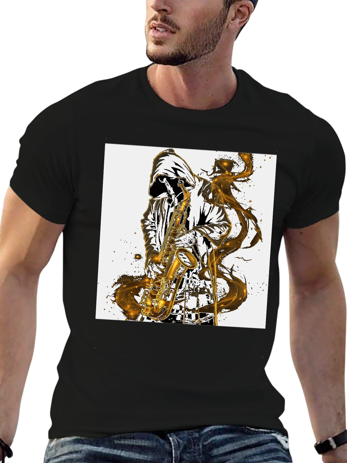 Black Saxophone Player Graphic T-Shirt - Cool Musician Tee view 6