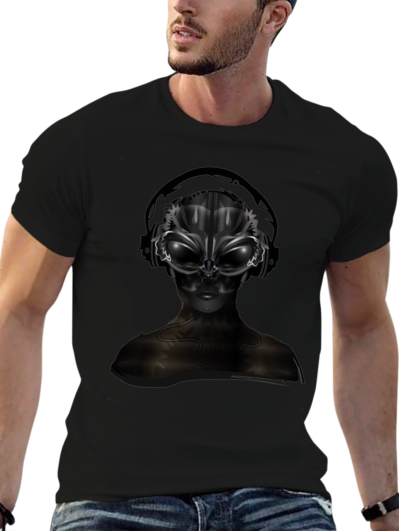 Black Alien DJ Black T-Shirt - Futuristic Graphic Tee view 6