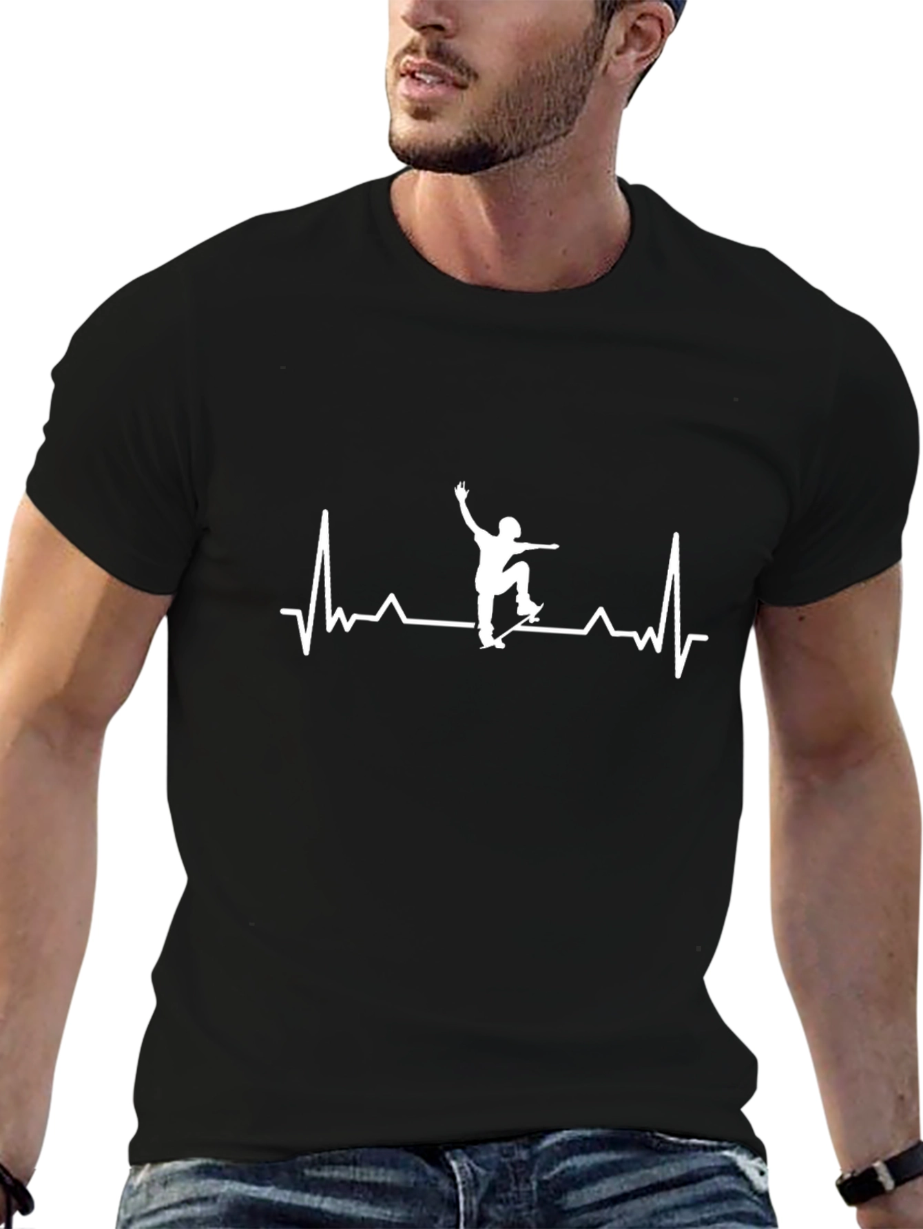 Black Skateboarding Heartbeat Tee - Black Cotton Graphic T-Shirt view 6